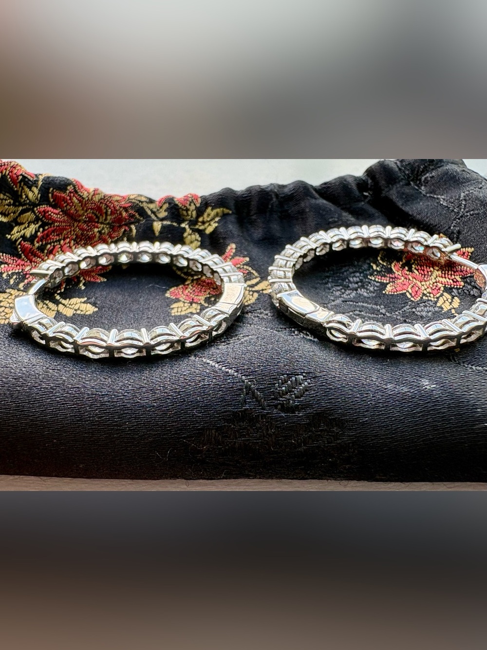 Silver Tone CZ Hoop Earrings | Sparkling Round Stone Latch Back Hoops - Picture 5 of 12